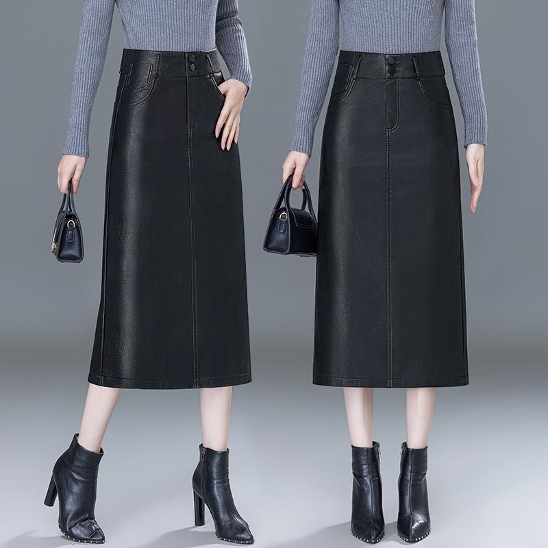 Dámská kožená midi sukně s vysokým pasem, přiléhavá k tělu - Zeštíhlující design z ovčí kůže s rozparkem.