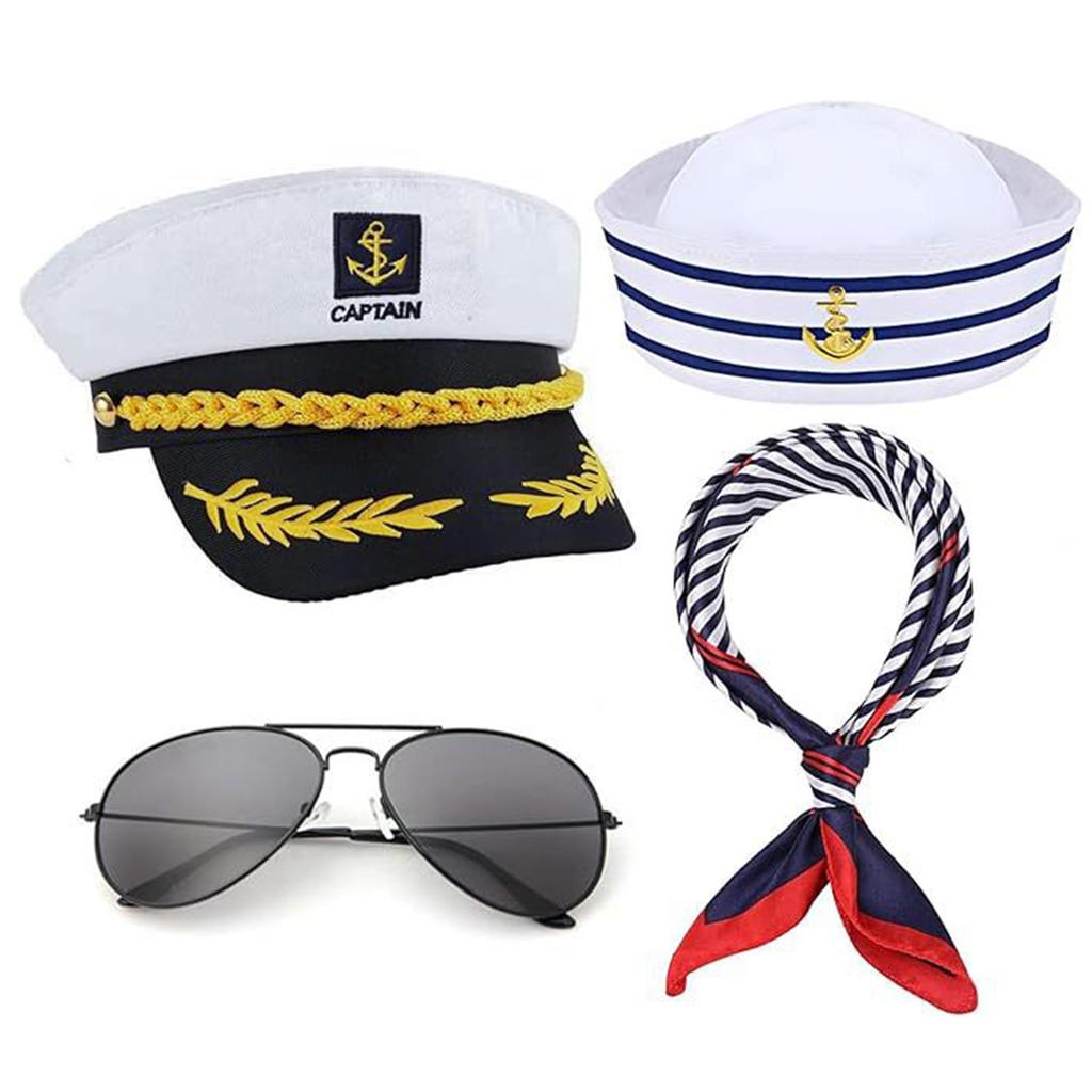 Sjömans Silkescarf Kaptenshatt Solglasögon Set för Möhippa Bröllopsfirande Marinmössa Seglingsfest Kostym