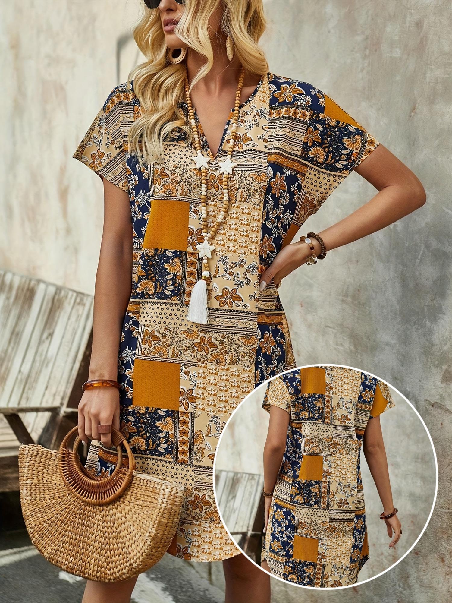 

Ladies Floral Print A-Line Mini Dress Summer V Neck Hollow Out Design Light Breathable Easy Care XL