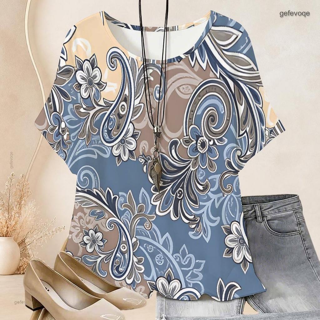 Women Plus Size Round Neck Batwing Short Sleeve Loose Gradient Printed Top