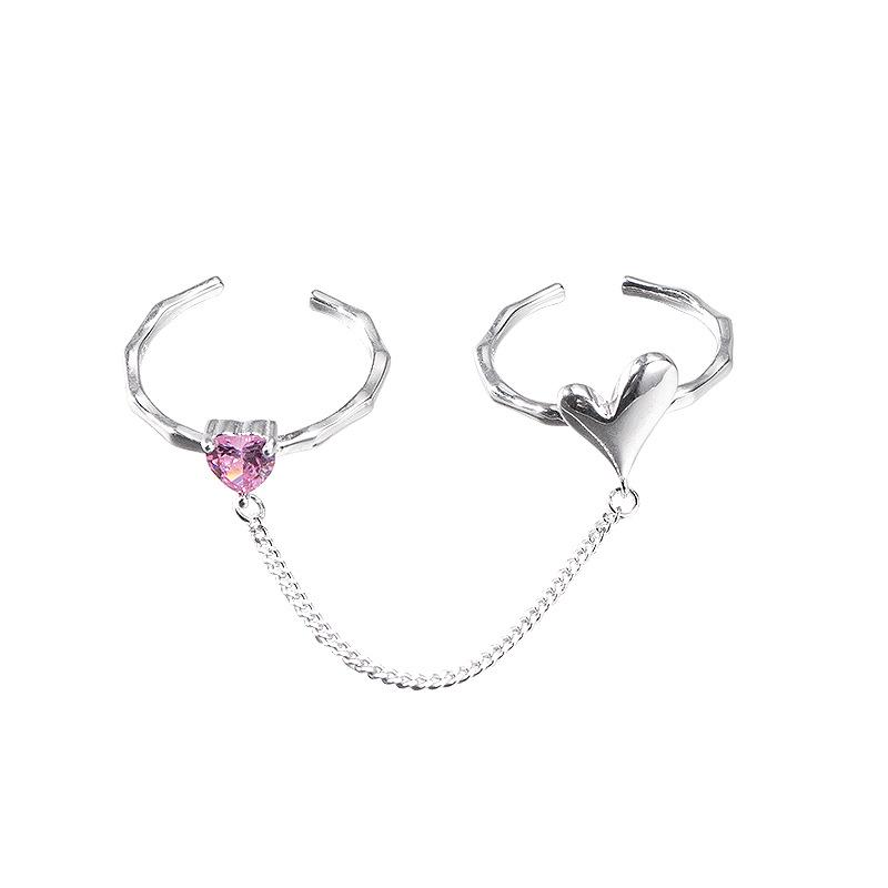 Banyan Tree S925 Silver Double Love Ring: Cold Style Open Index Finger & Chain Trend for Women