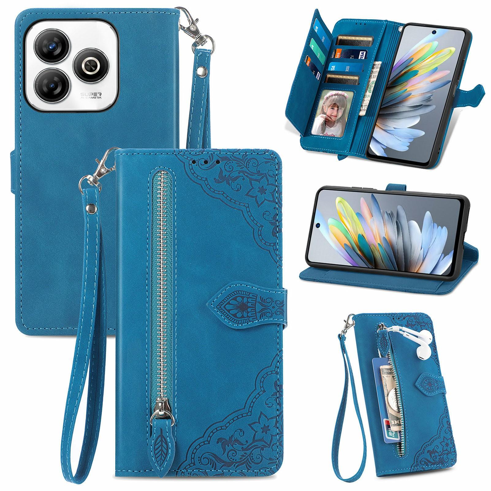 

For ZTE Blade A75 4G Zipper Wallet Case with Strap Flower Imprint PU Leather Phone Cover C
