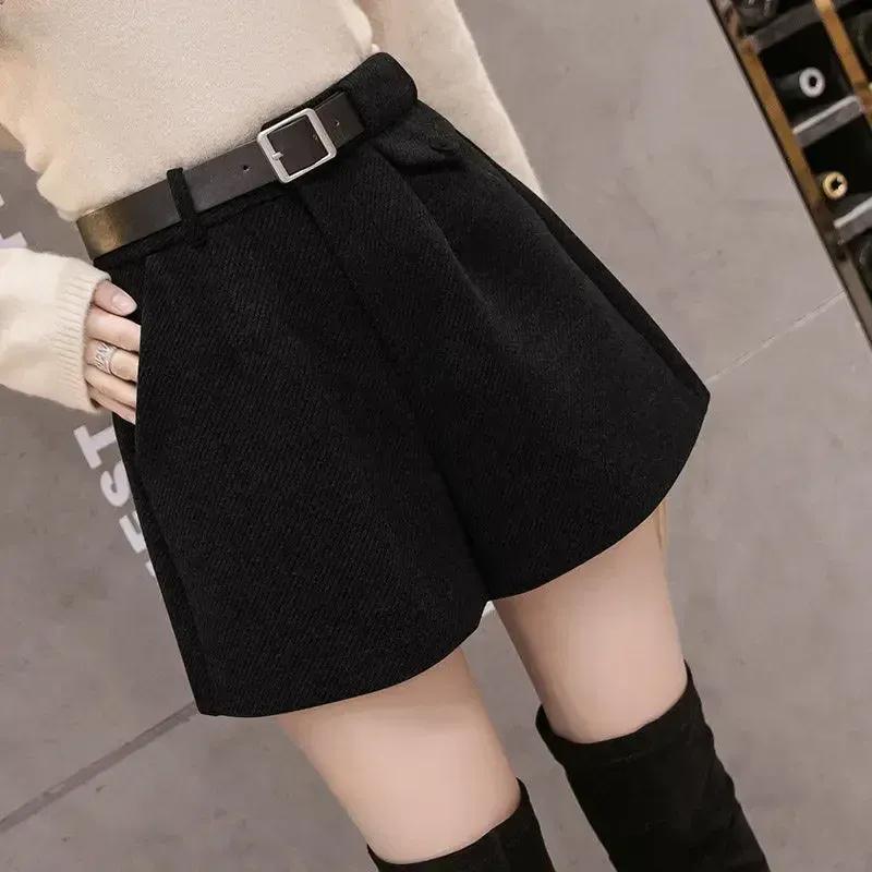 2026 New Women's Woolen Shorts A-line Loose High-Waisted Casual Thick Boots Pants for Autumn Winter Comfortable Bootcut Black