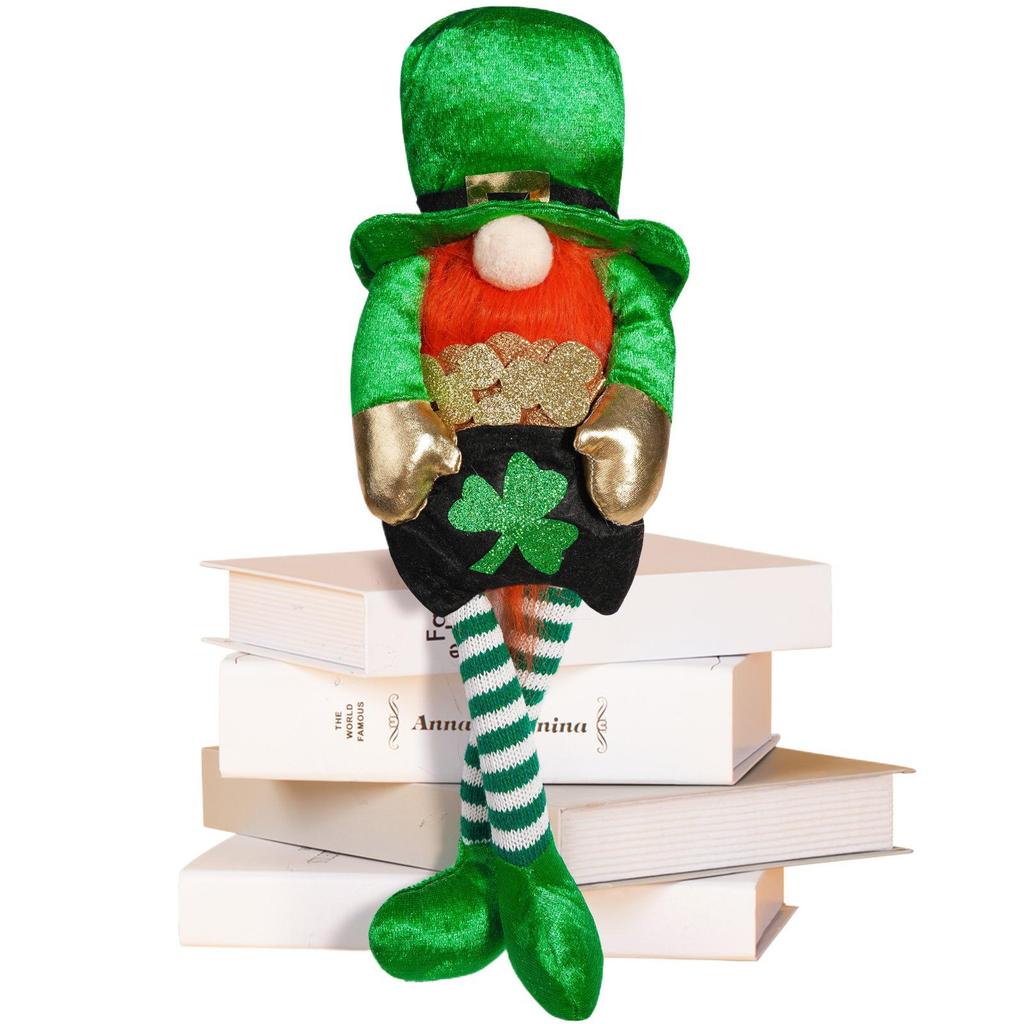St. Patrick's Day Long-Legged Gnome Doll with Four-Leaf Clover - Green Ornament for Home Decor