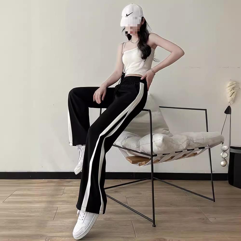Women's Ice Silk Wide-Leg Sports Pants - Black, Thin, Straight, Loose, Casual Style for Spring, Summer, and Autumn
