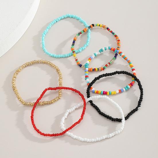 7Pcs Women Bracelets Beaded Colorful Jewelry Elastic Contrast Color Beads Anklets Bracelets for Beach