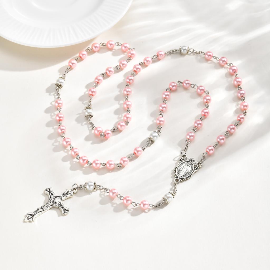 Collana Rosario Perla Rosa Perline di Preghiera Cattoliche Medaglia Vergine Maria Collana con Croce Religiosa per donne Gioielli Religiosi Regalo