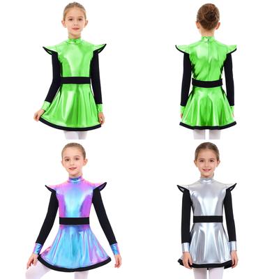 Girls Alien Costume Patchwork Metallic Gloss Mock Neck Long Sleeve Back Invisible Zipper Built In Shorts Dress