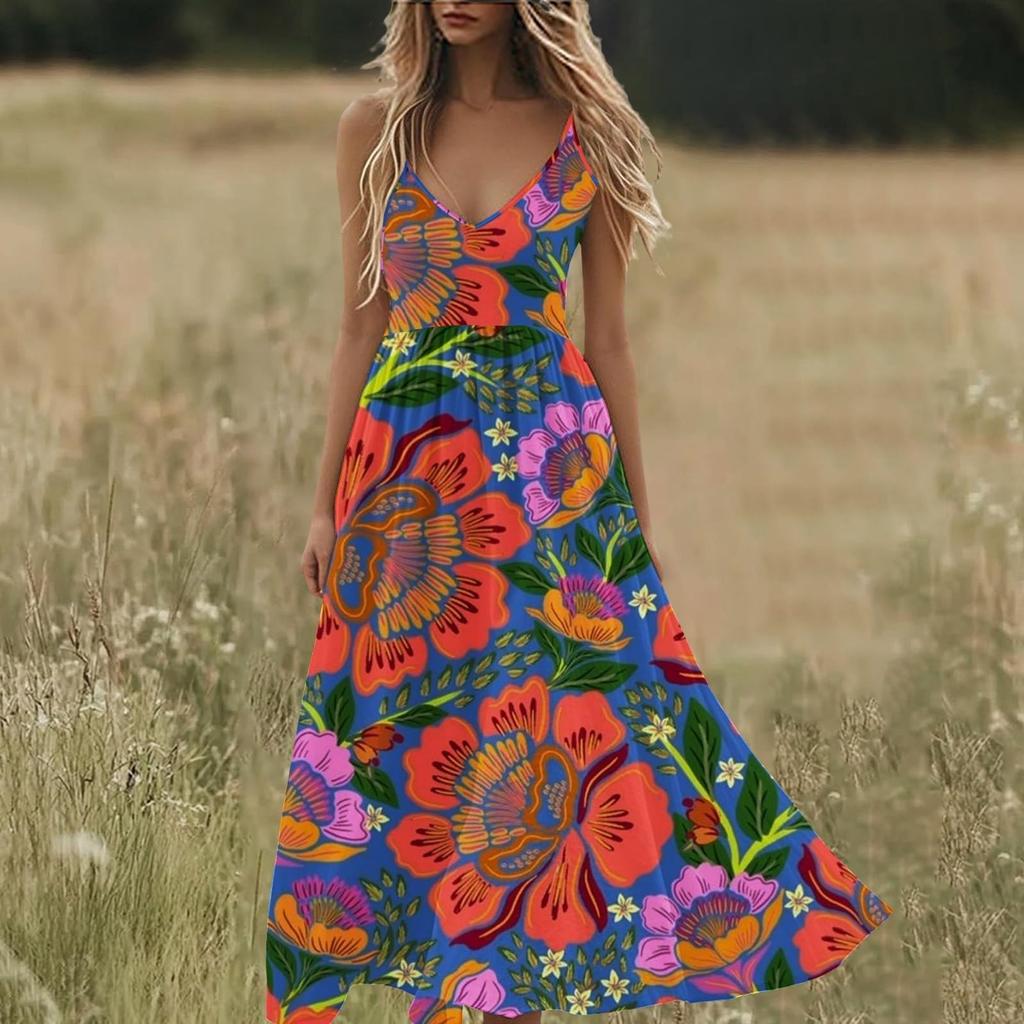 Boho Summer Dresses V Neck Floral Printed Sundresses, Beach Trendy Airy Dresses For Women