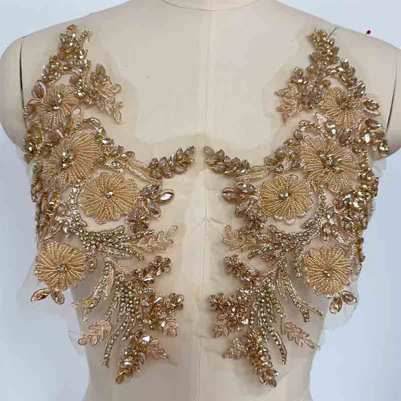 Handmade Diamond Gold Thread 3D Flower Embellishment Sew-On Rhinestones for Wedding Dresses Shoes DIY Projects-Made Felt