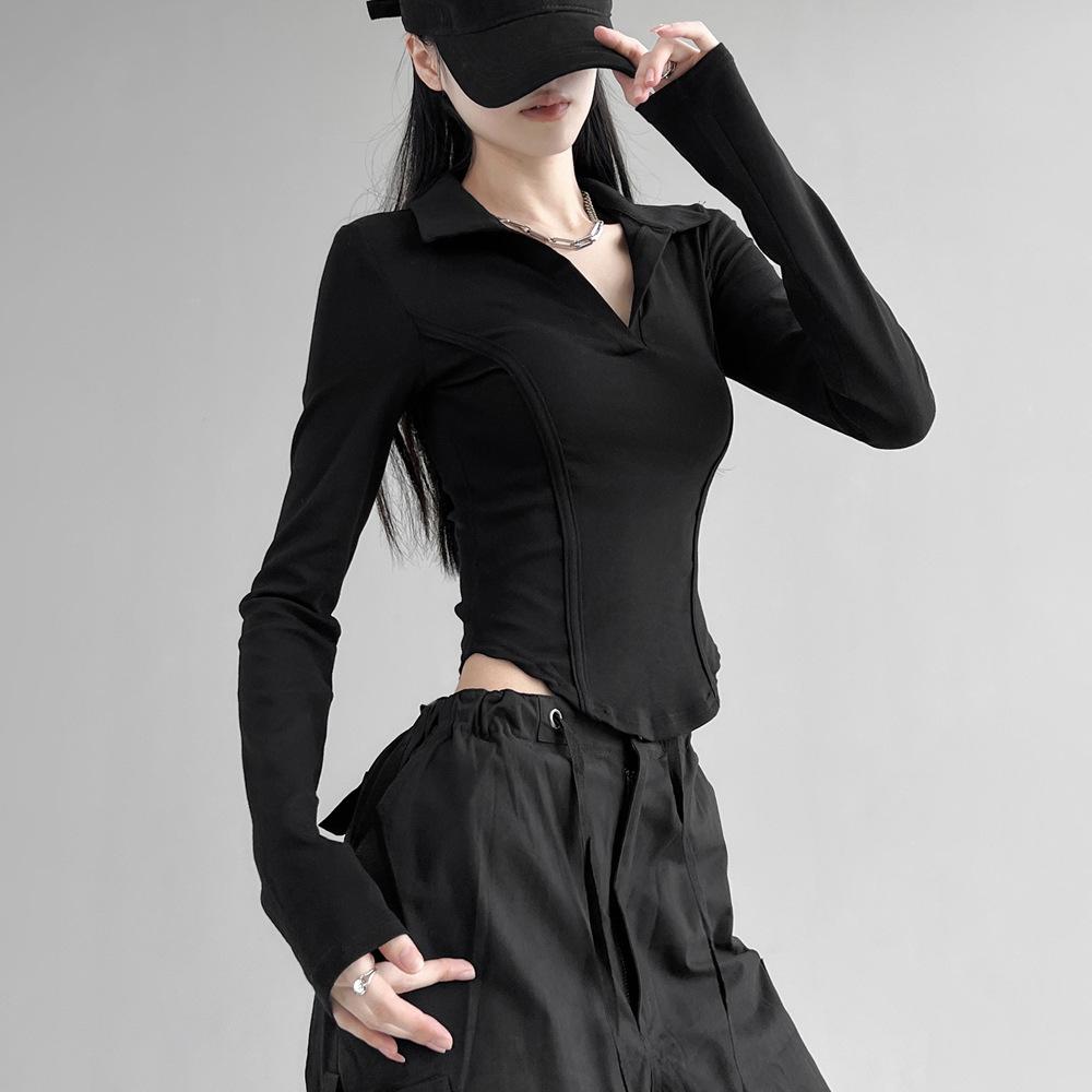 Yeni Tişört Moda Stili POLO Yaka Slim Fit Uzun Kollu Yaka Kısa Kollu Eklemeli Düz Renk Alt Gömleği