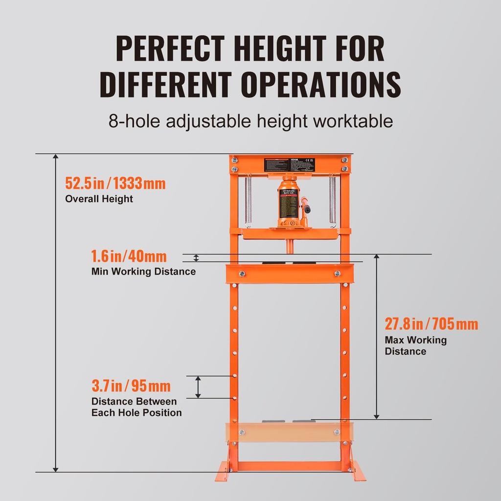 Hydraulic, 12 Ton H-Frame Floor, Stamping Plates, Adjustable Working Table Height for Bending or Straightening Metal, Garages, or Homes Shop Press,