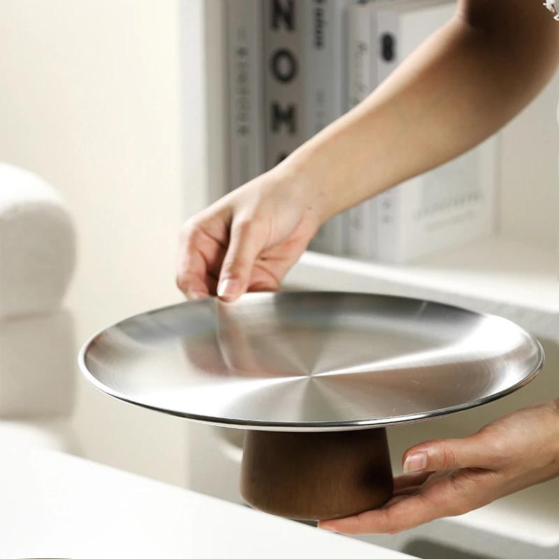 Stainless Steel Table Plates Dinnerware Kitchen Fruit Bowl with Wooden Base Partitioned Candy Bread Cake Dessert Trays Tableware