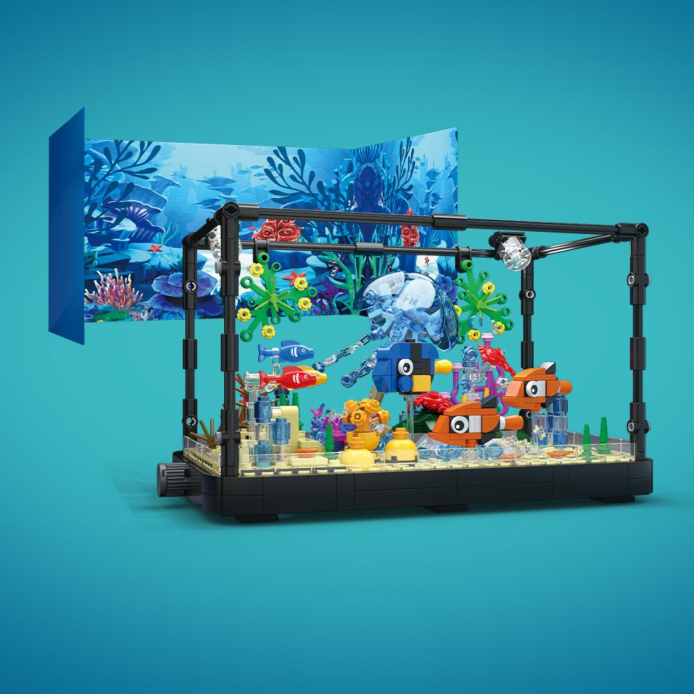 Aquarium Bausatz mit Lichtern MOC Meerwasseraquarium Meerestier Bausteine Spielzeug für Kinder 6+ Bausteine Spielzeug Geschenke
