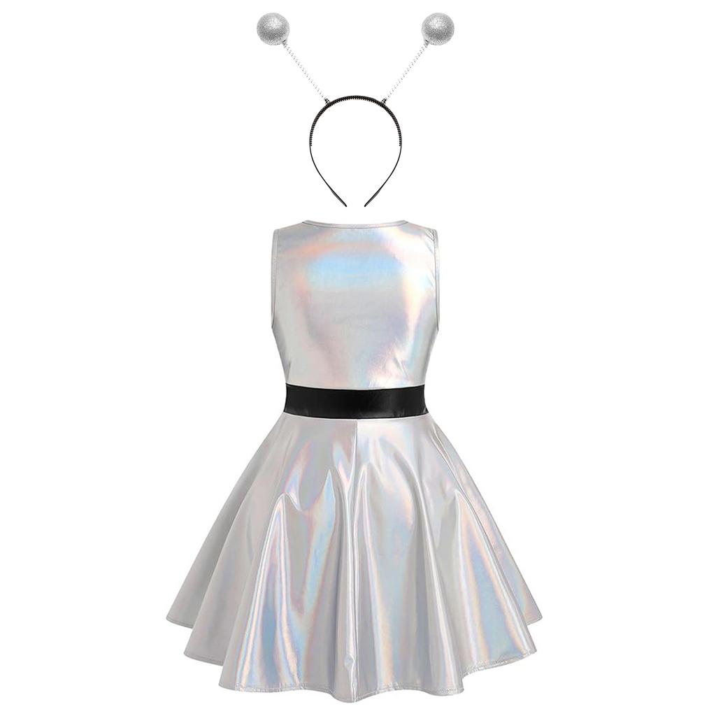 Girls Space Alien Dress Set Round Neck Sleeveless Contrast Waist Invisible Zipper Metallic Dress Hair Hoop