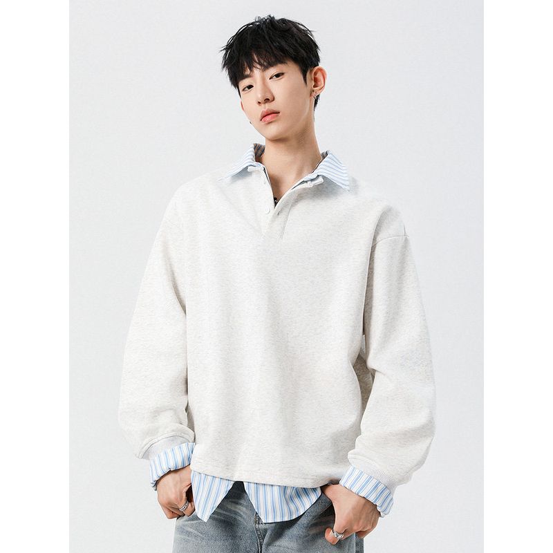 Wassup Trendy Black Fake Two-Piece Striped Lapel Men's Sweatshirt 2025 Spring and Autumn New Style Cool Workwear Top