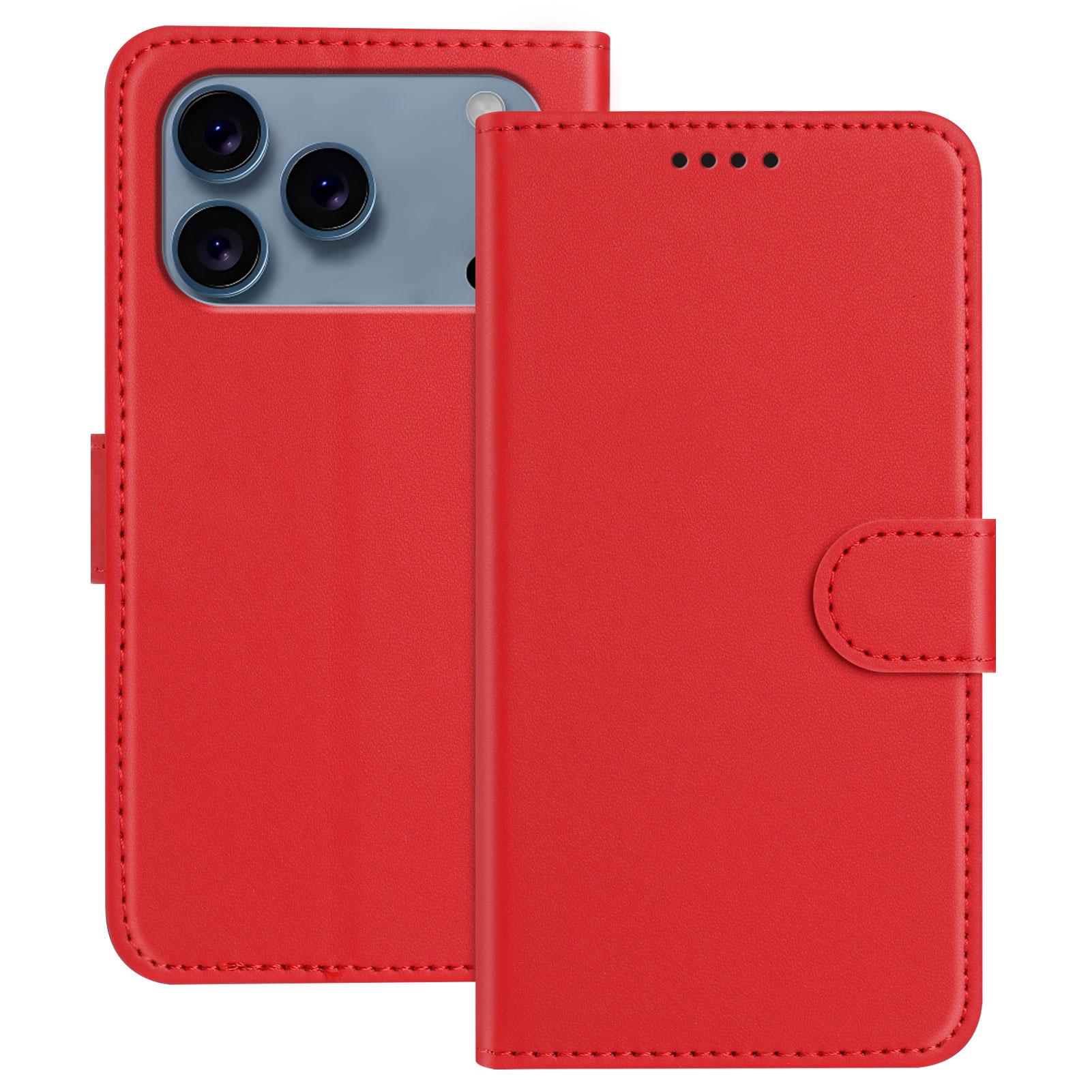 

For iPhone 17 Pro Leather Case Wallet Stand Solid Color Anti Drop Phone Cover Red