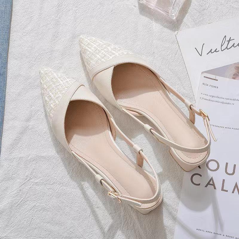 Xiaoxiangfeng Bag Head Thick Heel Single Shoes Women's Pointed Head 2025 One-word Belt Rear Air Middle Heel Sandals Women's Summer Versatile