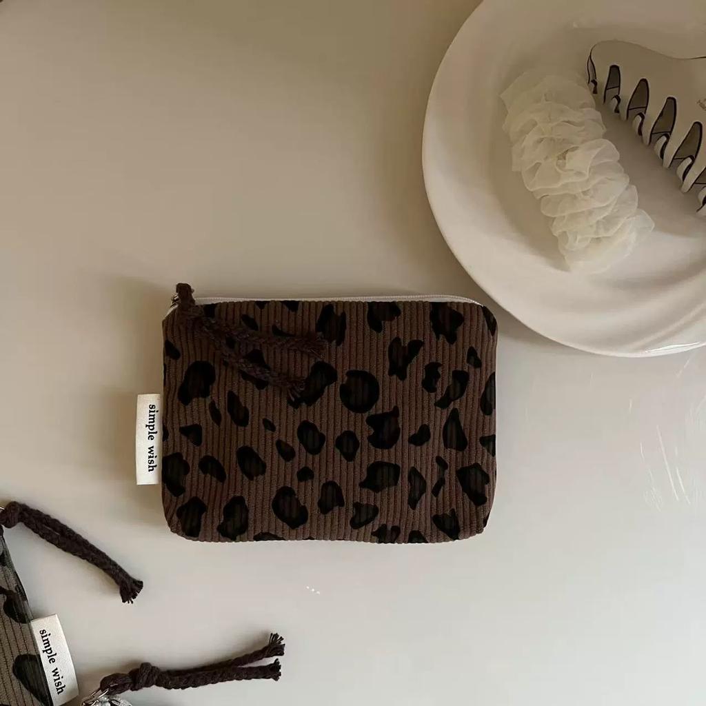 Vintage Leopard Print Mini Corduroy Bag Unisex Portable Travel Storage Pouch for Coin Key Earphone Lipstick Sanitary Pad