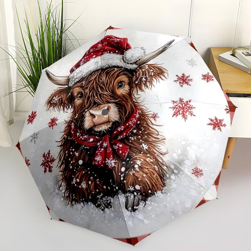 Retro Highland Cow Folding Umbrella Fashion Auto-Open Design 8 Iron Ribs Plastic Handle Foldable Sunshade Perfect Christmas Gift
