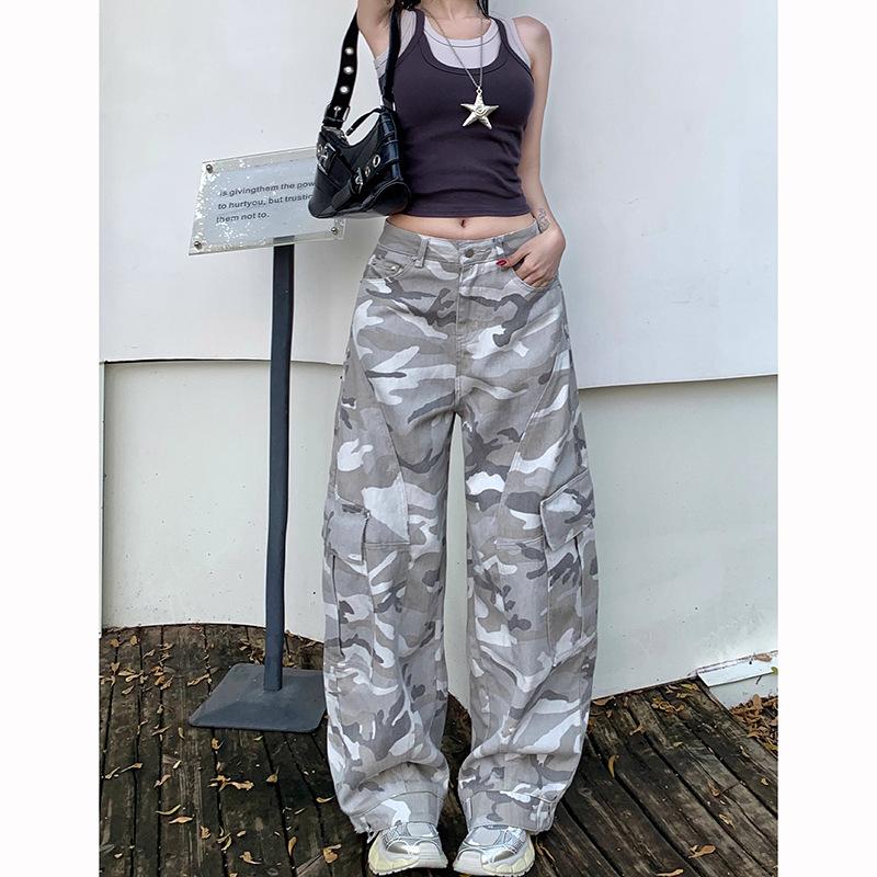 Women Camo Cargo Jeans High Waist Wide Leg Floor Length Denim Pants Street Hip Hop Patchwork Non Stretch Camouflage Trousers Spring Fashion