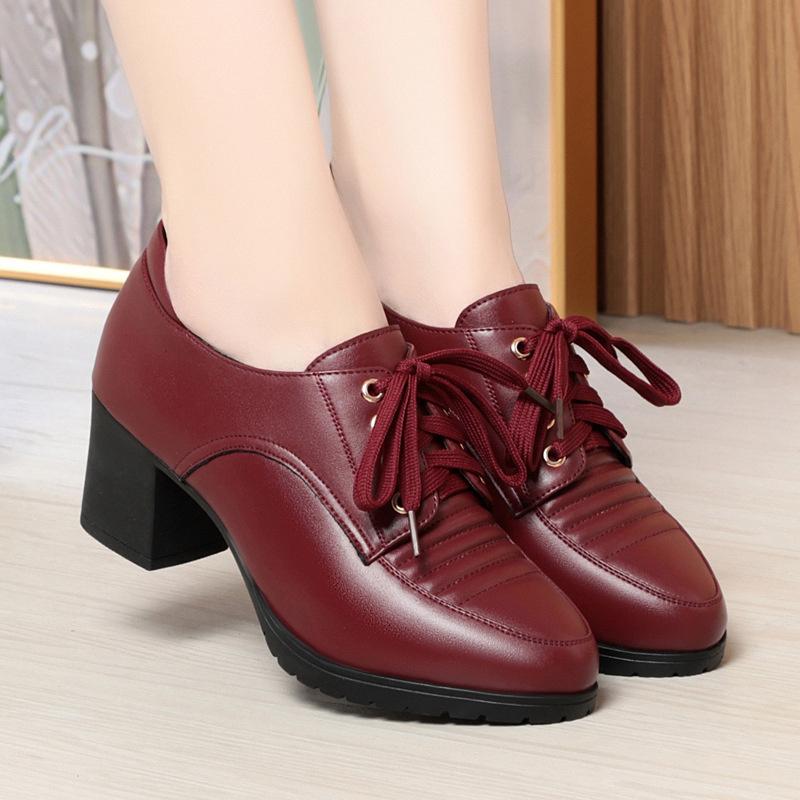 Spring Comfort Soft Leather Shoes Women'S Platform Pumps Lace Up Block Med Heels Shoes Oxfords For Office Mom Work
