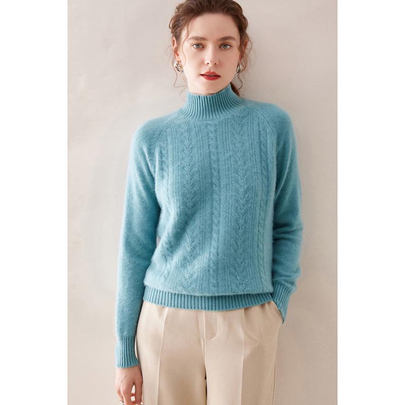 Women's 100% Wool Jacquard Sweater, Half-High Neck, Loose Knit Pullover for Autumn/Winter