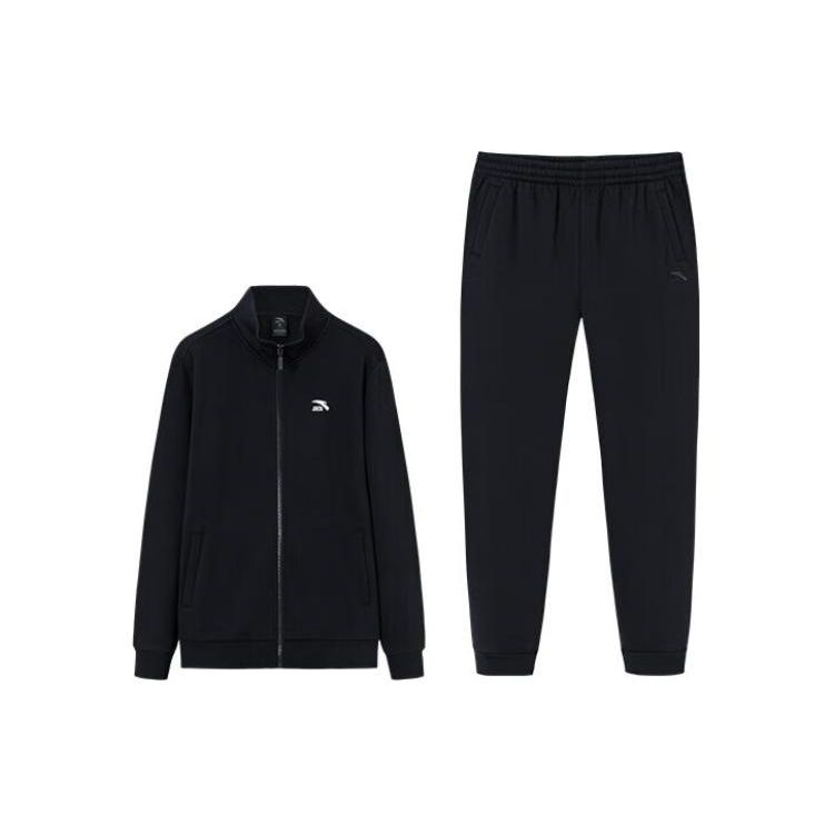 Anta Solid Color Zipper Fleece Stand Collar Jacket And Cuffed Long Pants Casual Sports Suit Men suit Basic-Black 952348201-2 XL