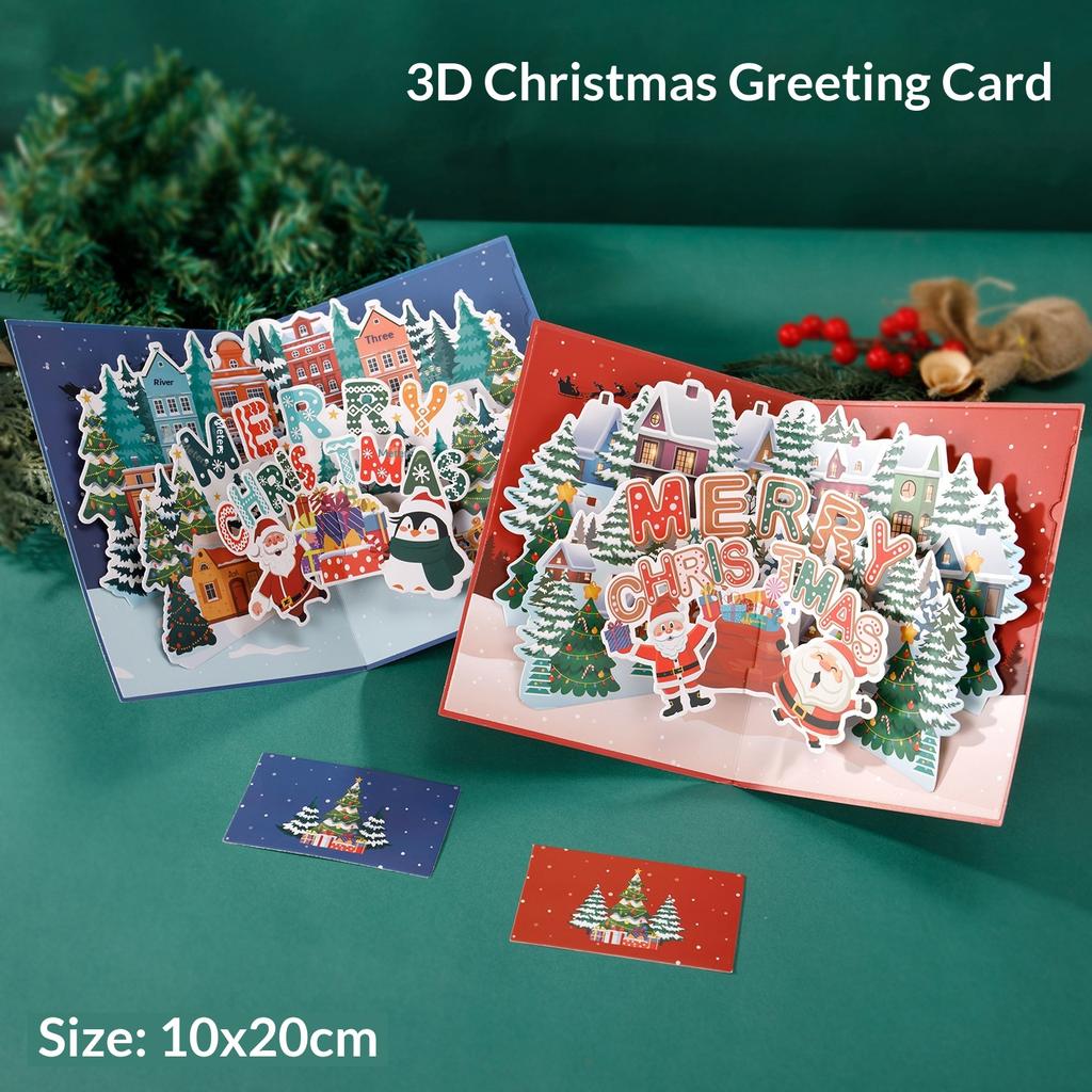 3D Christmas Greeting Card Pop Up Snow Village Night Scene Handmade Foldable Holiday Card with Envelope Christmas Gift Thank You Note