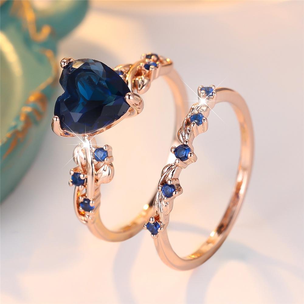 Set di Anelli a Cuore d'Amore in Zircone Nero Blu Cristallo Femminile Moda Vintage Colore Oro Nuziale Matrimonio Fidanzamento Per Donne