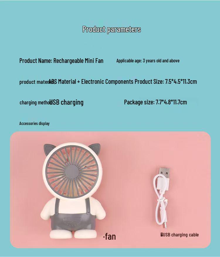 Portable Rechargeable Mini Fan with Three Speeds - Cartoon Design for Kids