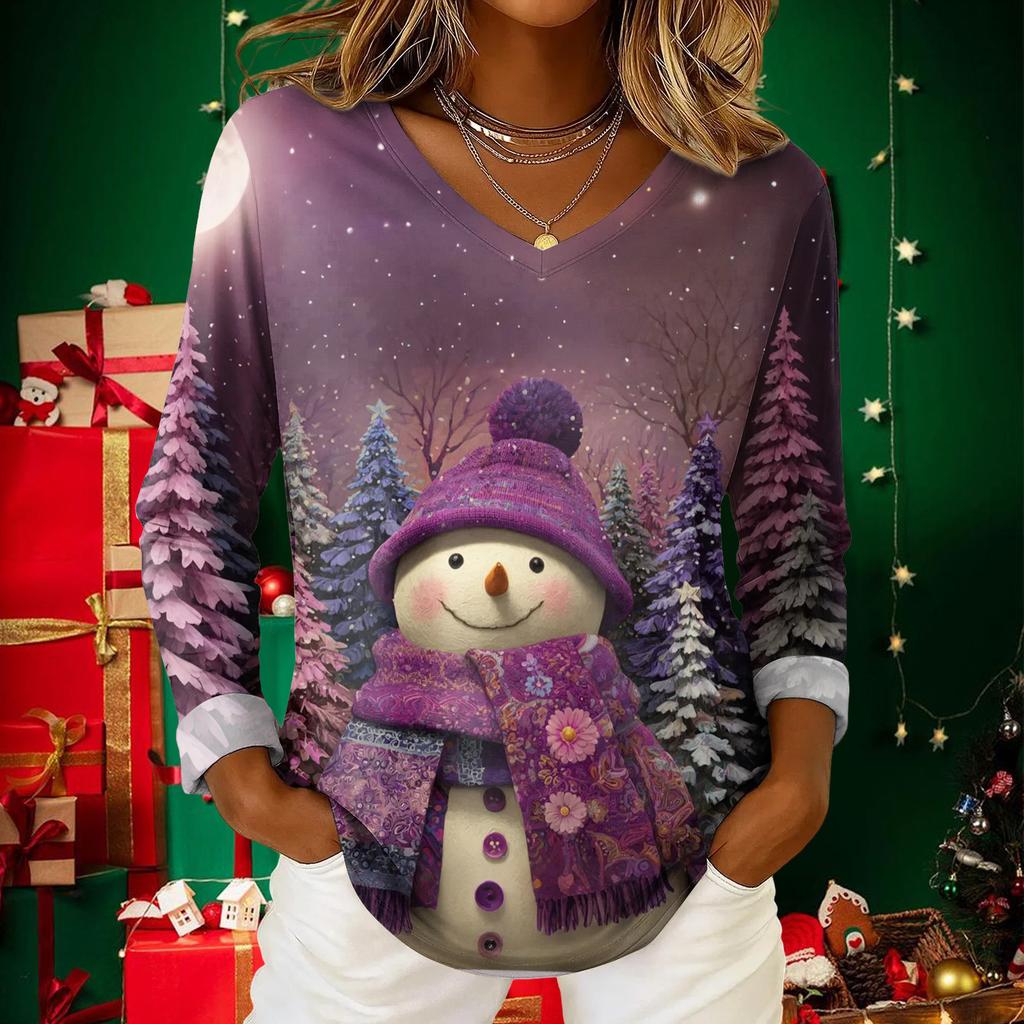 Women's Christmas Print Casual V-Neck Long Sleeve Top