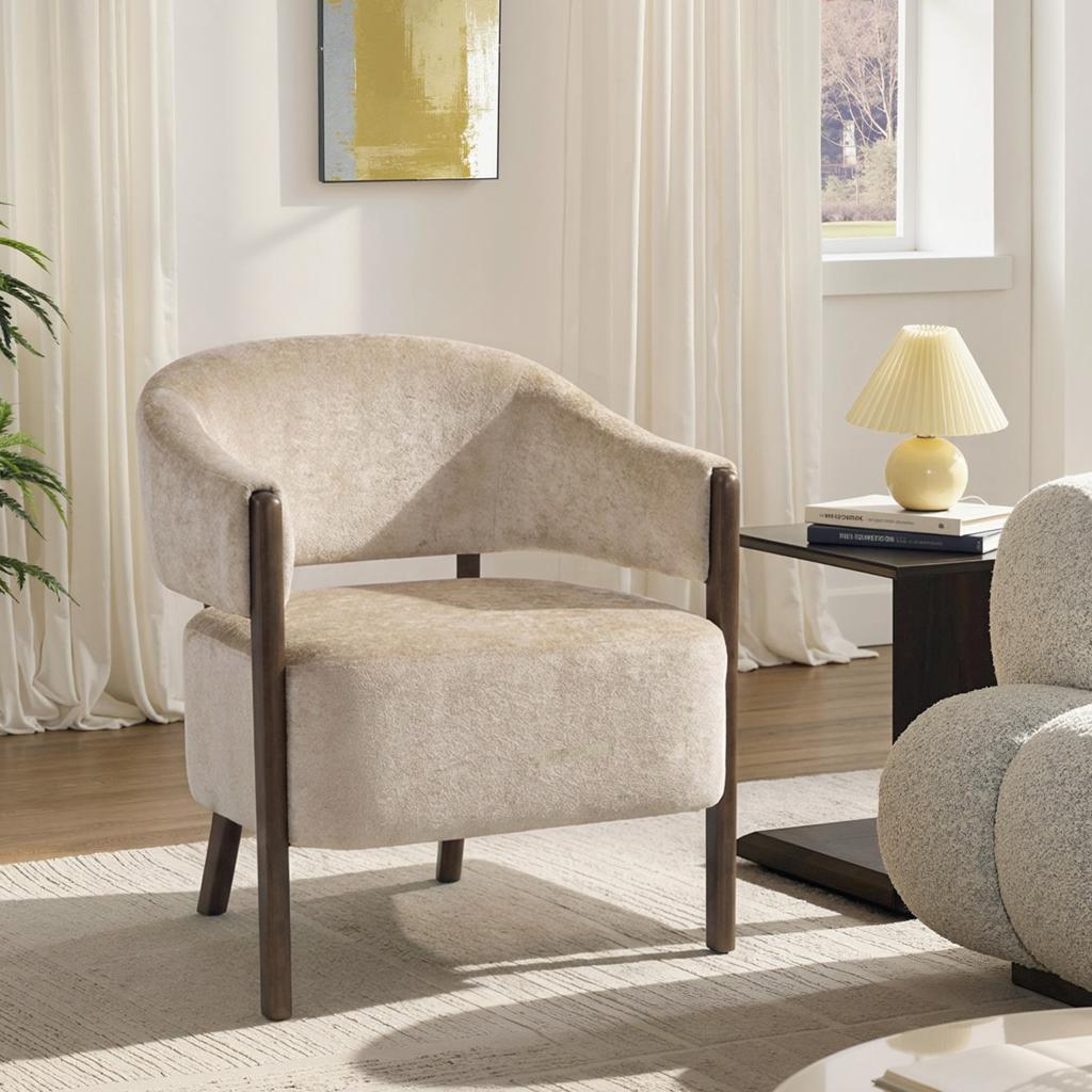 Chenille Lounge Chair, Wide Seat, Beige Armrests