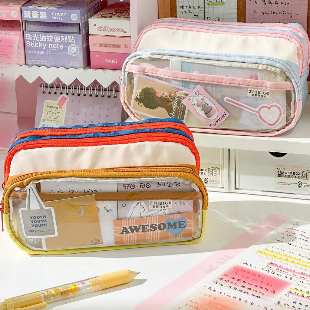 Cream Pencil Bag Pen Case Hitting Color Blocked Staged Type Transparent Front Pocket Storage Pouch for Stationery