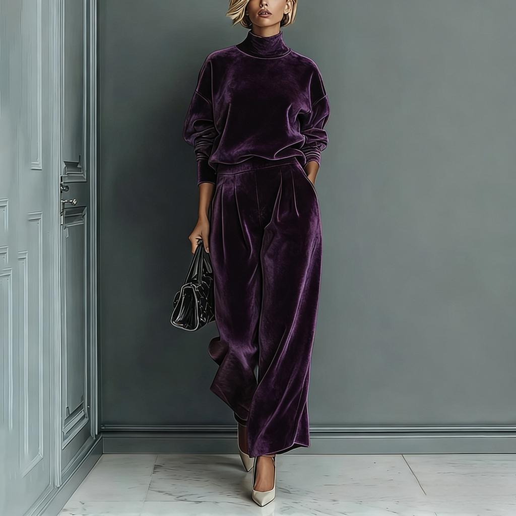Womens Spring Green Velvet Long Sleeve Top Wide Leg Pants Set
