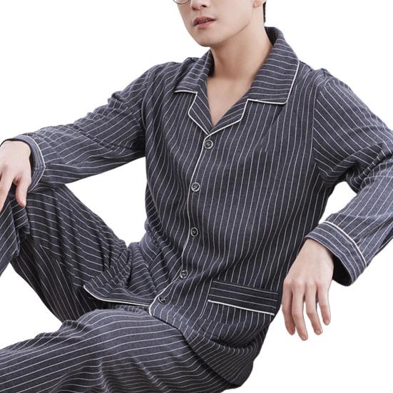 2 Pcs/Set Men Fall Winter Pajamas Set Striped Turn-down Collar Color Matching Single-breasted Loose Wide Leg Elastic Waist Homewear Shirt Trousers