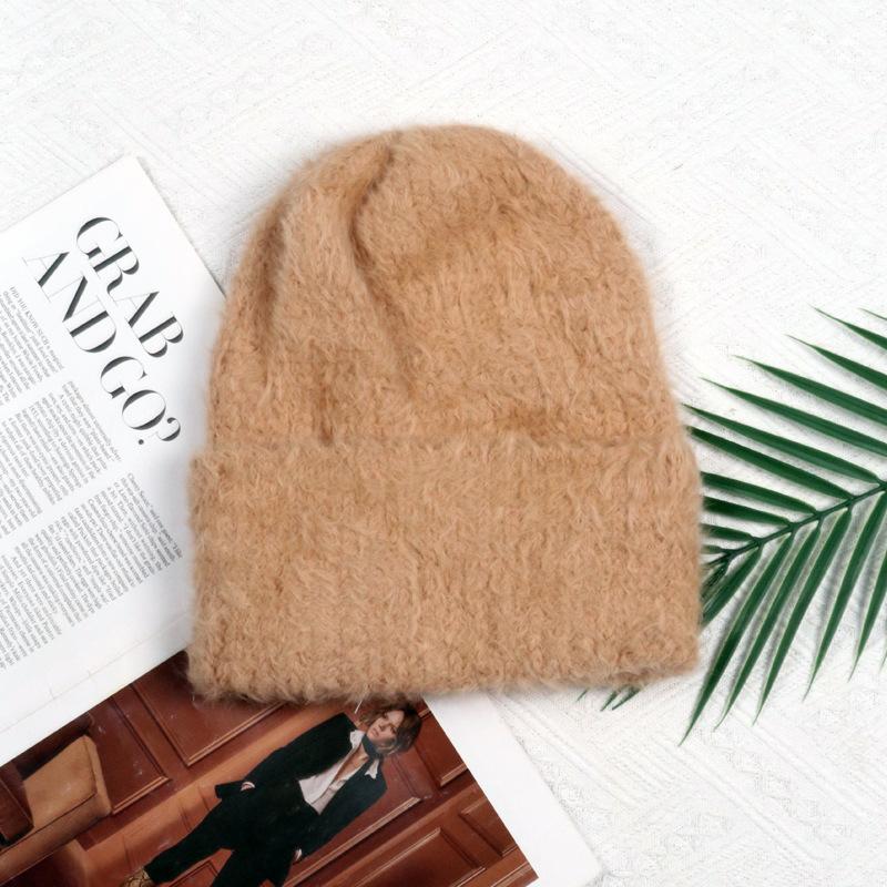 Angola rabbit fur warm solid color light board autumn and winter versatile candy color vertical stripe knitted hat women