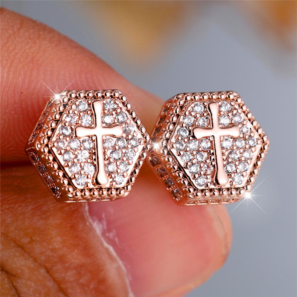 Minimalist Gold Color Cross Hexagon Stud Earrings for Women Simple White Zircon Geometric Earrings Beautiful Party Jewelry Gifts