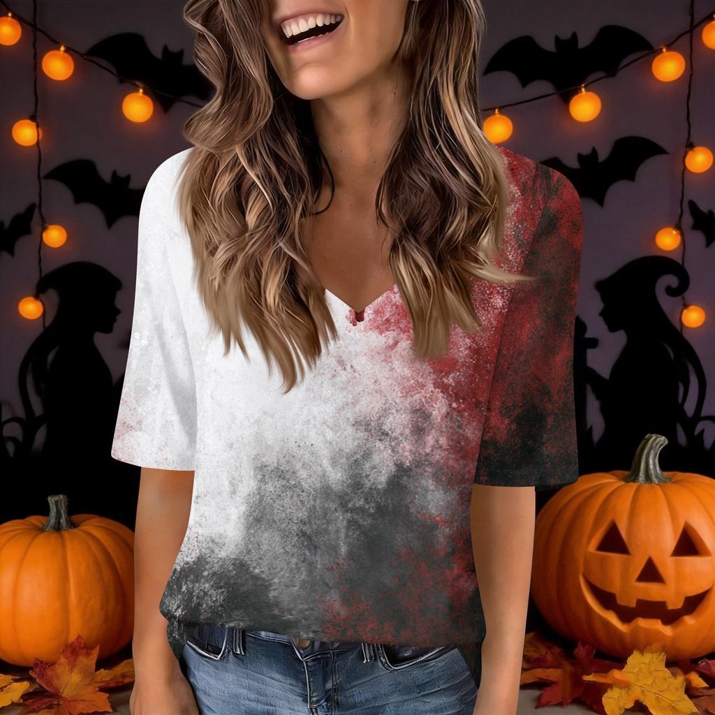 Women's V-Neck Short Sleeve Halloween Print Casual Top