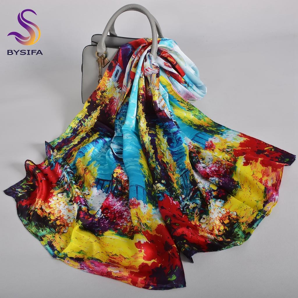 Blue Purple Silk Scarf Foulard Women Brand China Peony Long Scarves Printed Fall Winter100% Silk Ladies Scarf 170*53cm