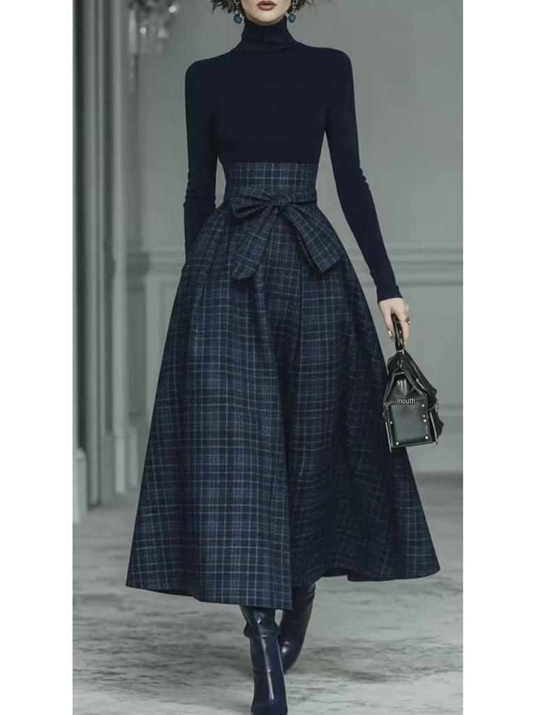 Abito Francese Elegante 2026: Tessuto a Quadri Patchwork Monocolore, Manica Lunga per Primavera/Autunno