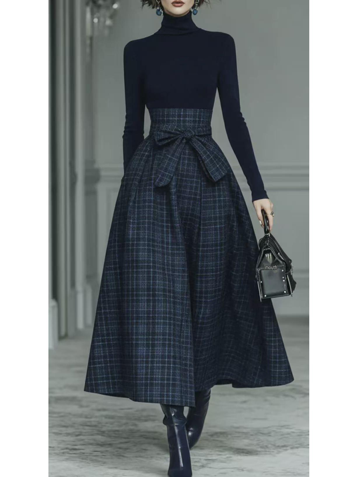 

2026 Elegant French Dress: Solid Color Plaid Patchwork, Long Sleeve for Spring/Autumn S темно-синий
