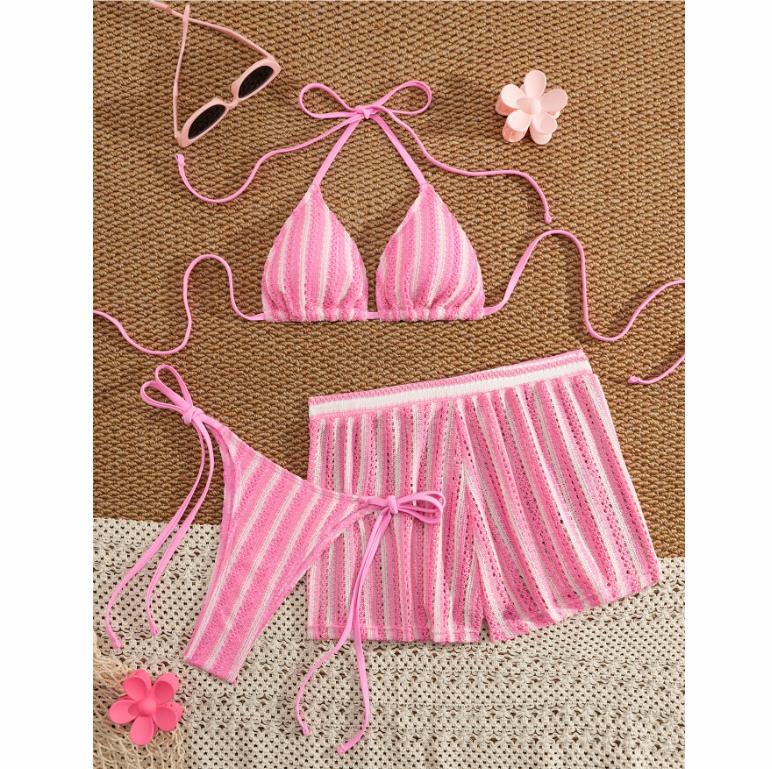 Style Boxer Shorts Mesh Three-piece Women's Swimsuit Neck Lace-up Bikini Set