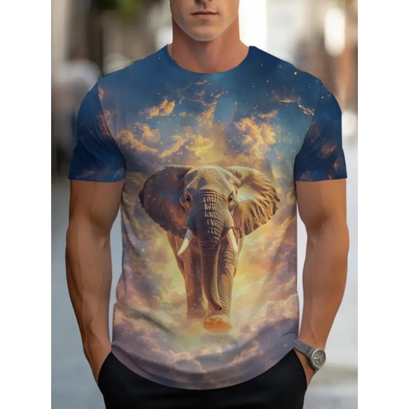 Men's 3D Elephant Print T-shirt Short Sleeved T-shirt Breathable Polyester Round Neck Casual Streetwear Top