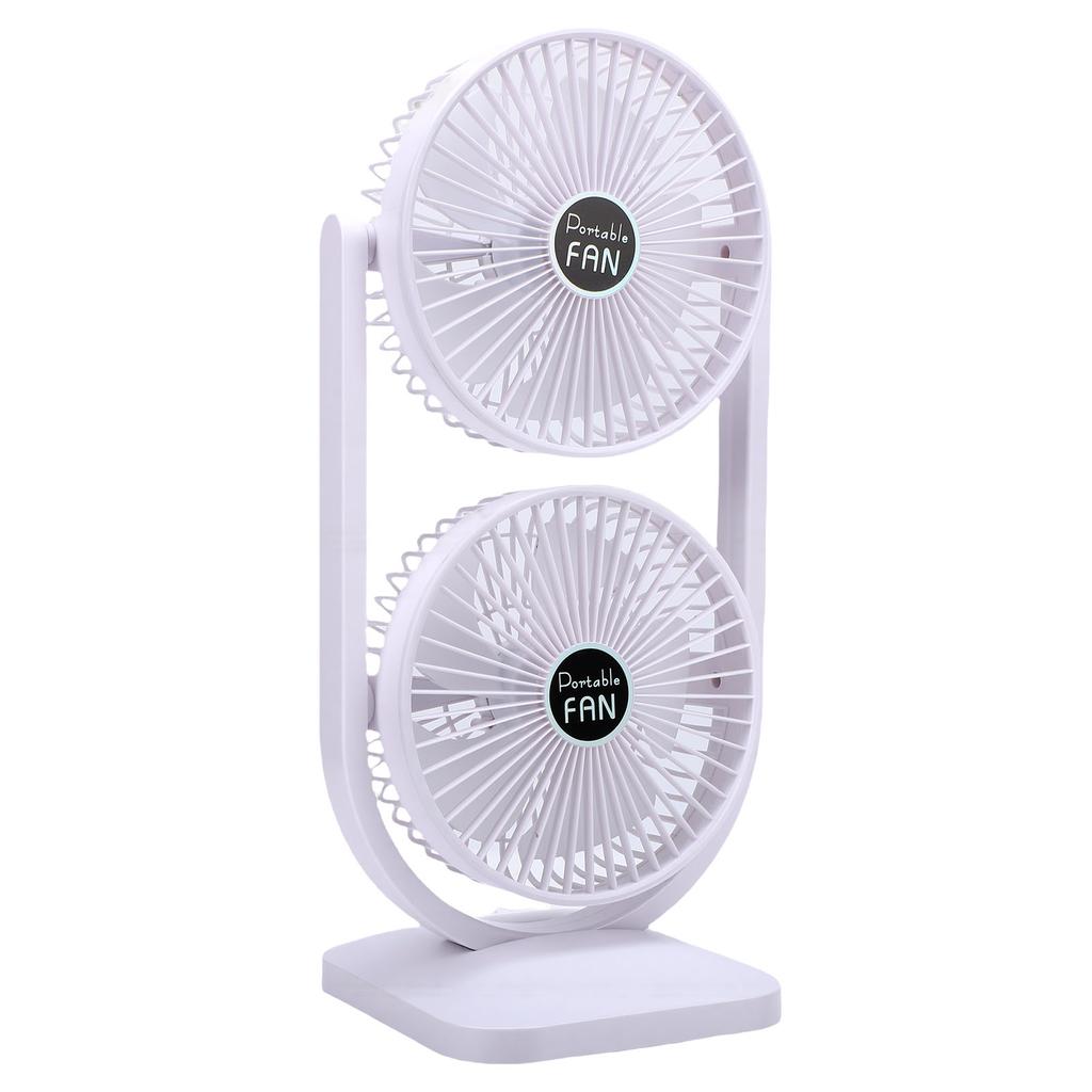 Dual Head Desk Fan USB Rechargeable 3 Speed Portable Electric Floor Fan for Home Office Dorm Travel White