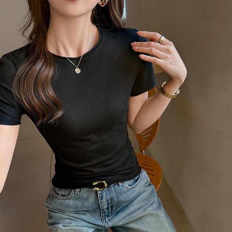 Women Solid Color Rolled Edge Round Neck Slim Fit Short Sleeve Basic T Shirt S чёрный