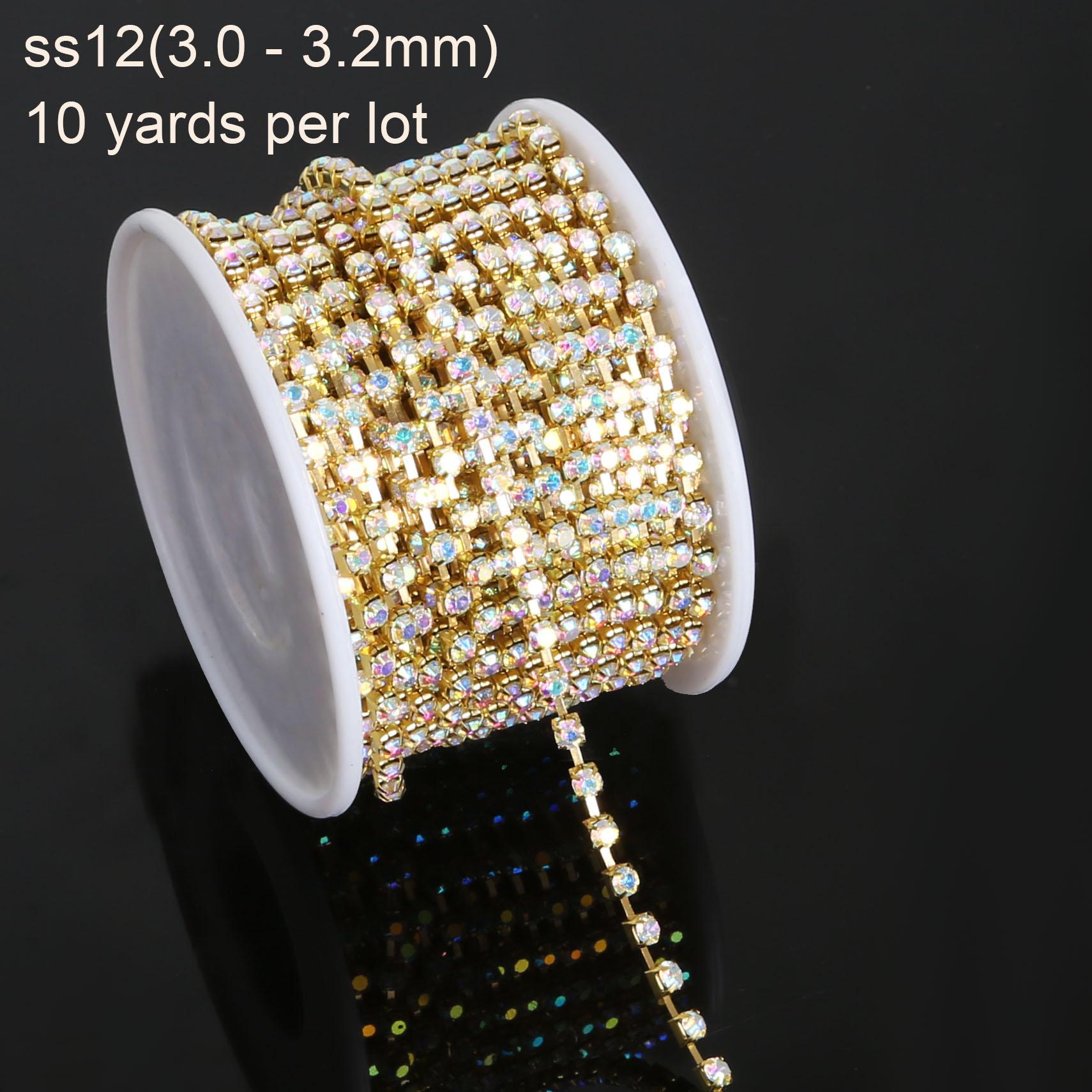 

10 ярдов в рулоне, цепочка со стразами и яркими стразами на серебряной основе, уплотненная цепочка со стразами SS6-SS18(2 мм-4,5 мм) Цепочка на чашку для дизайна платья, аксессуары своими руками 3-3.2mm 1615pcs золотой/разноцветный