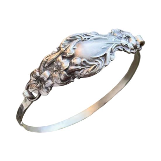 Handmade Sterling Spoon Bangle Floral Pattern Opening Bangle Boho Style Handle Cuff Jewelry Accessories