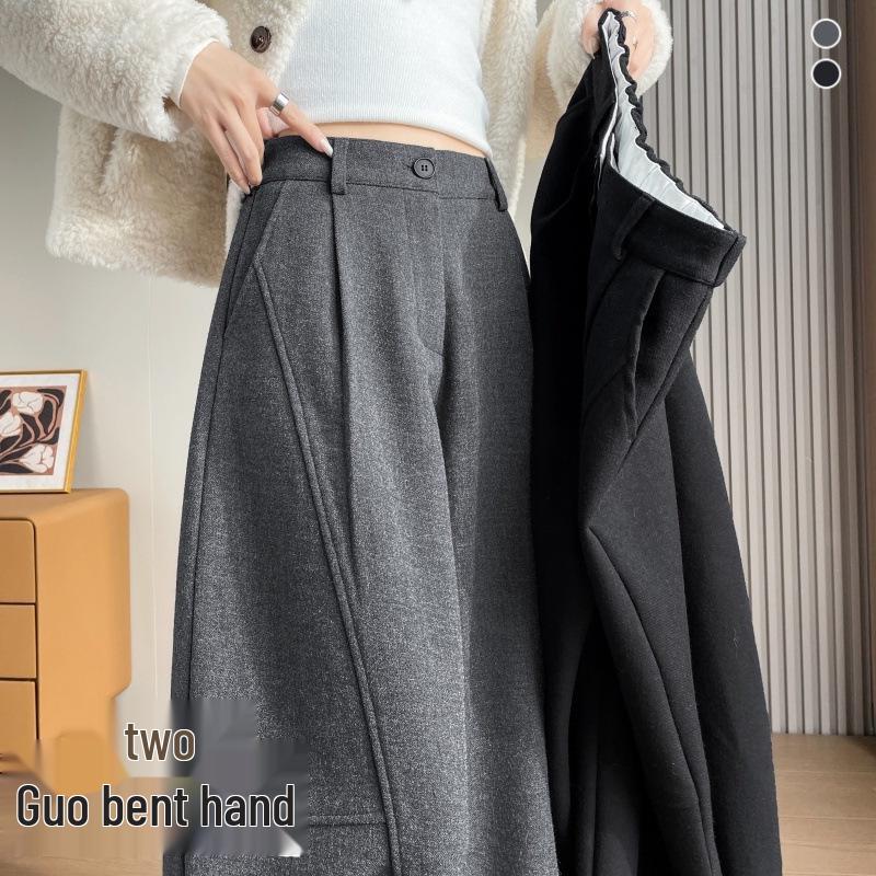 Autumn/Winter High-Waisted Woolen Curve-Leg Straight Wide-Leg Pants XL серый