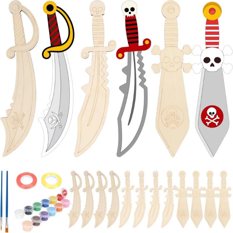 16pcs Kids Wooden Swords Set Unfinished Pirate Themed Painting Props Halloween Art Activity Supplies for Birthday Cosplay
